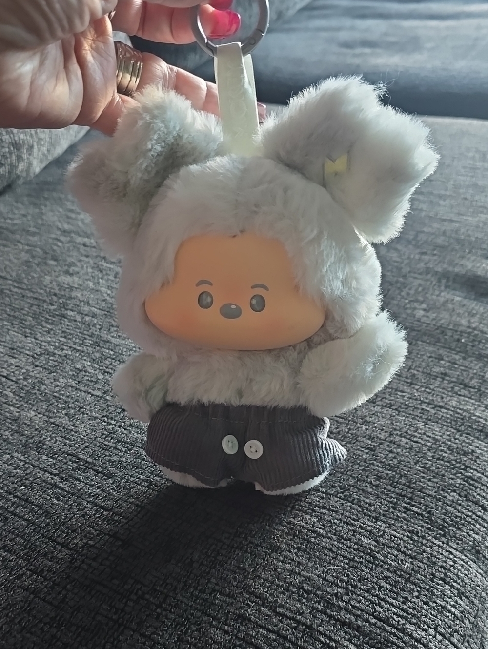 Plush Bunny Keychain with Corduroy Shorts - Light Gray